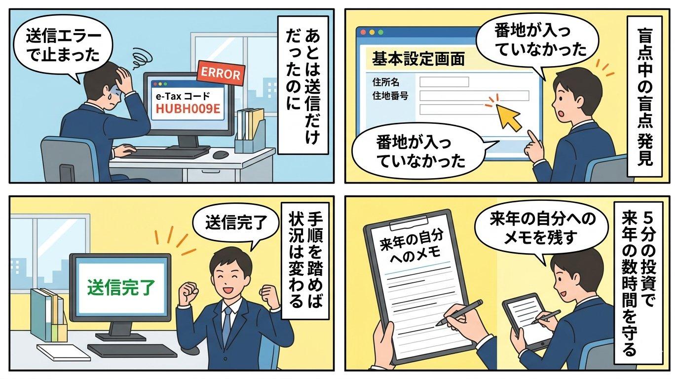 e-Tax申告完了後に来年の自分へのメモを残す・5分の投資で来年の数時間を守る未来イメージ