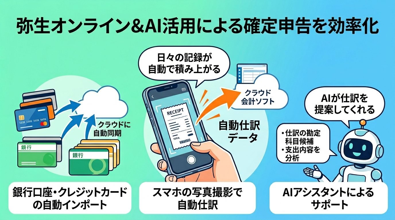 弥生オンラインとAI活用による確定申告効率化の機能紹介イラスト