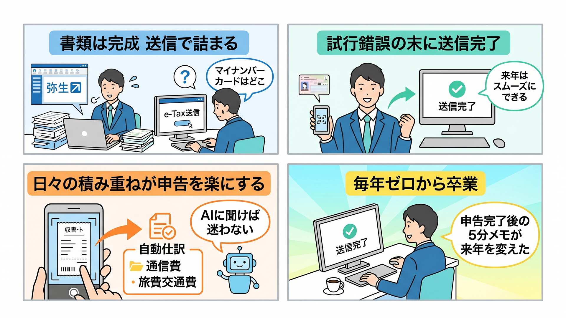 e-Tax初挑戦から弥生とAI活用で毎年ゼロから卒業する4コマ漫画