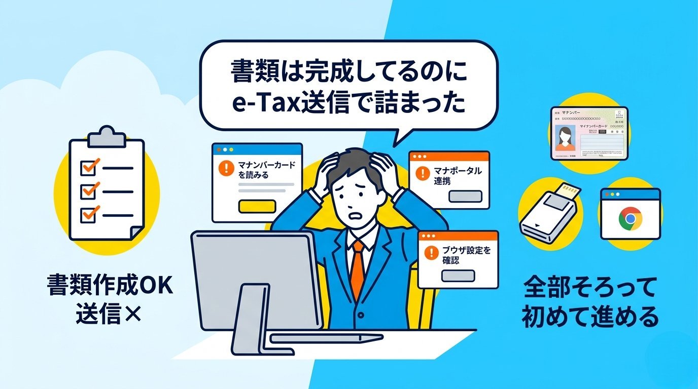 書類は完成しているのにe-Tax送信で詰まった課題提起イラスト