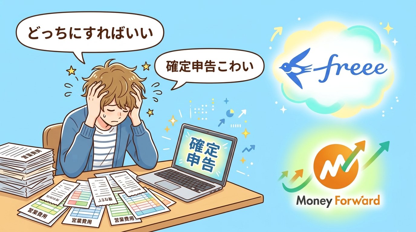 確定申告に悩むフリーランス1年目とfreee・マネーフォワードのロゴ