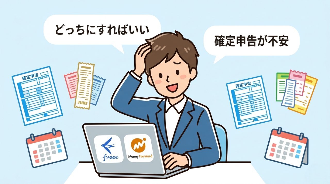 freee会計とマネーフォワードのどちらを選ぶか迷うフリーランス1年目のイラスト