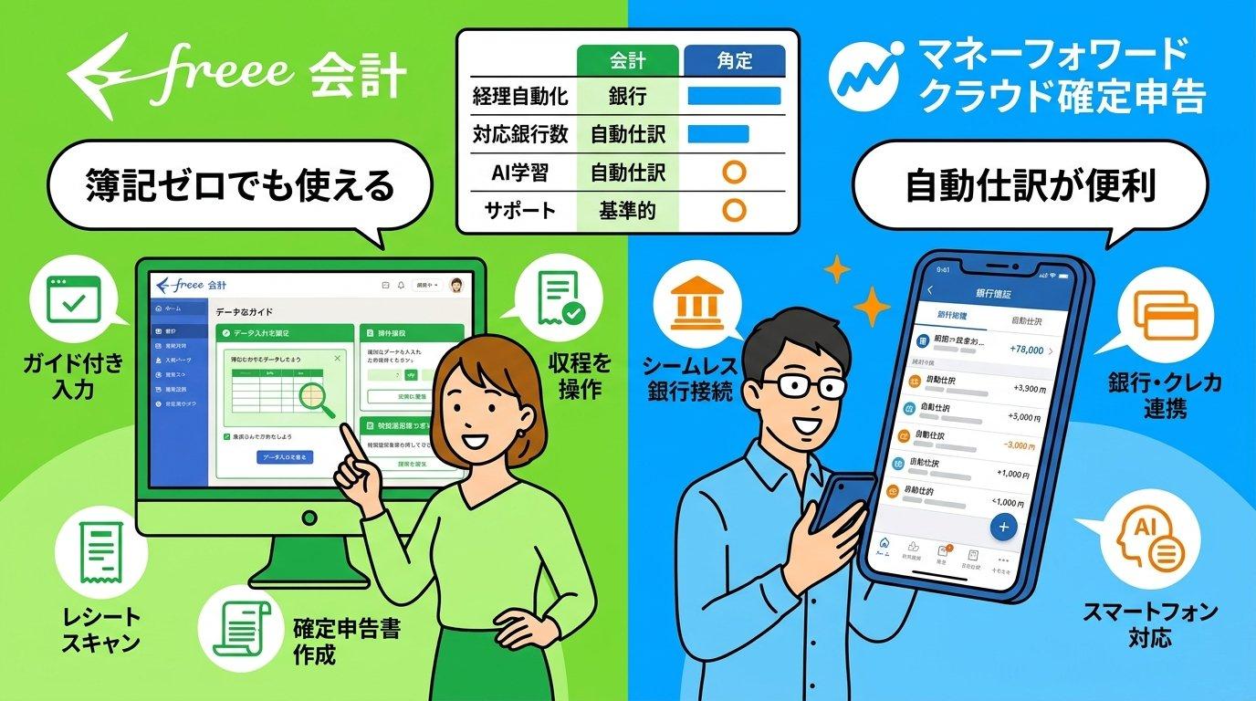 freee会計とマネーフォワード クラウド確定申告の機能比較イラスト