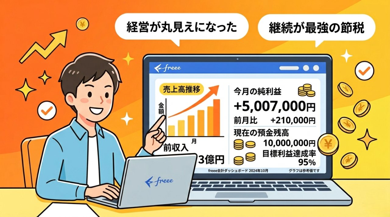 会計ソフトを使いこなしてパソコンで利益グラフを確認するフリーランスの未来イメージ