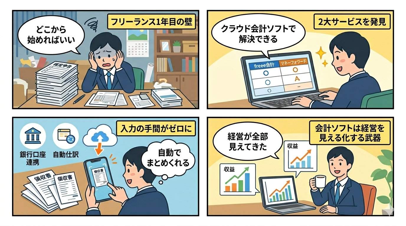 freee会計とマネーフォワードを活用するフリーランスの4コマ漫画イラスト