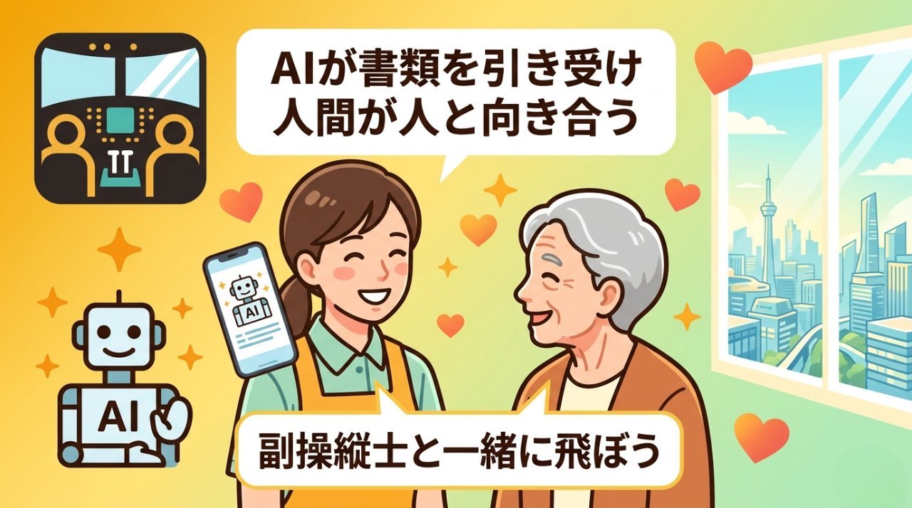 笑顔の介護士と利用者が向き合う未来のイラスト。AIが書類を引き受け人間が人間と向き合うメッセージ