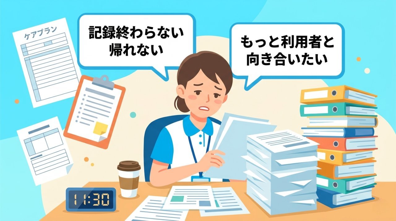 書類の山に追われる介護士のイラスト。記録が終わらない・帰れないという悩みを表現