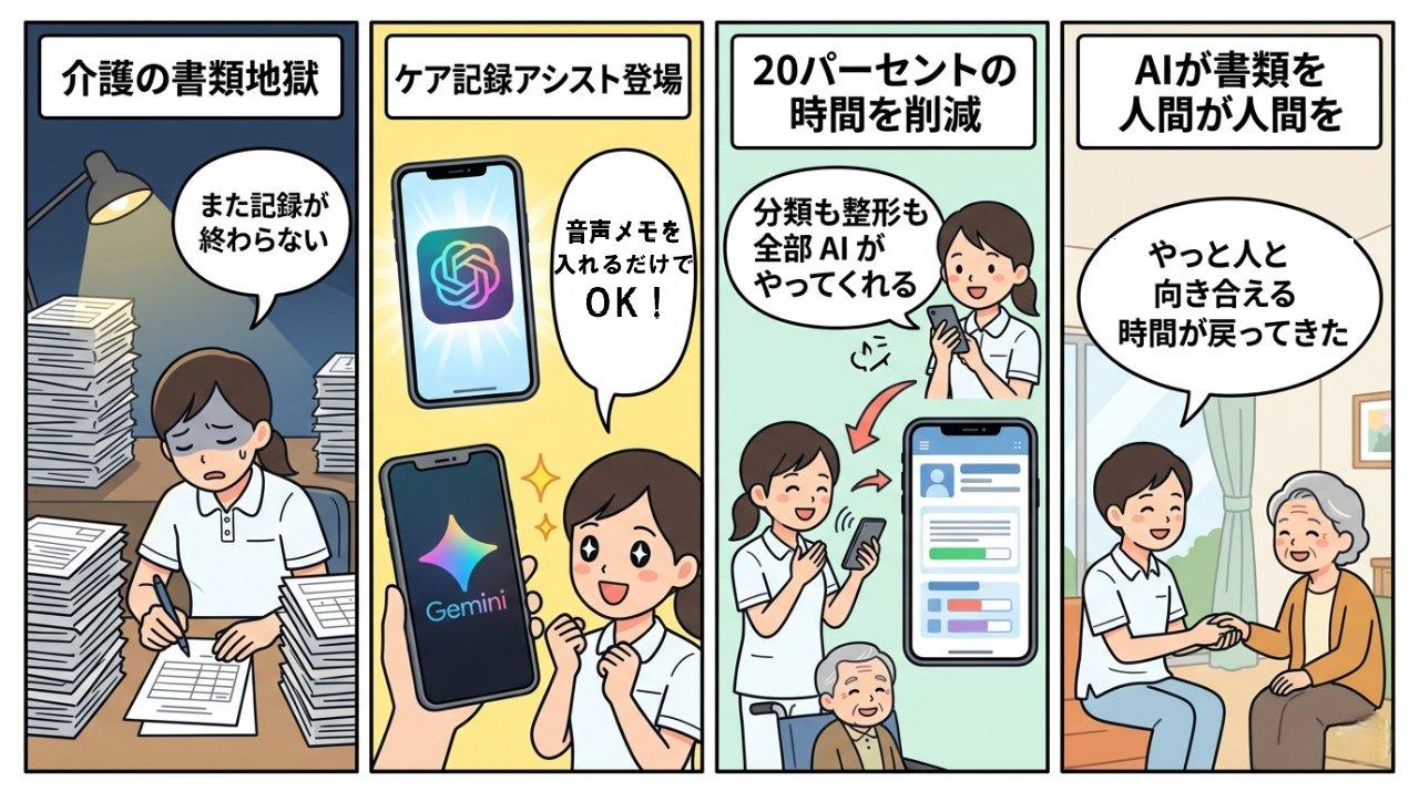 介護現場でのAI活用を描いた4コマ漫画。書類地獄からケア記録アシスト導入・20%削減・人と向き合える未来までの変化