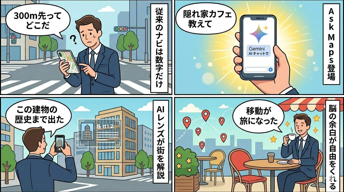 GoogleマップとGeminiAIの移動体験を描いた4コマ漫画。課題提起からAsk Maps登場、AIレンズ活用、理想の未来まで