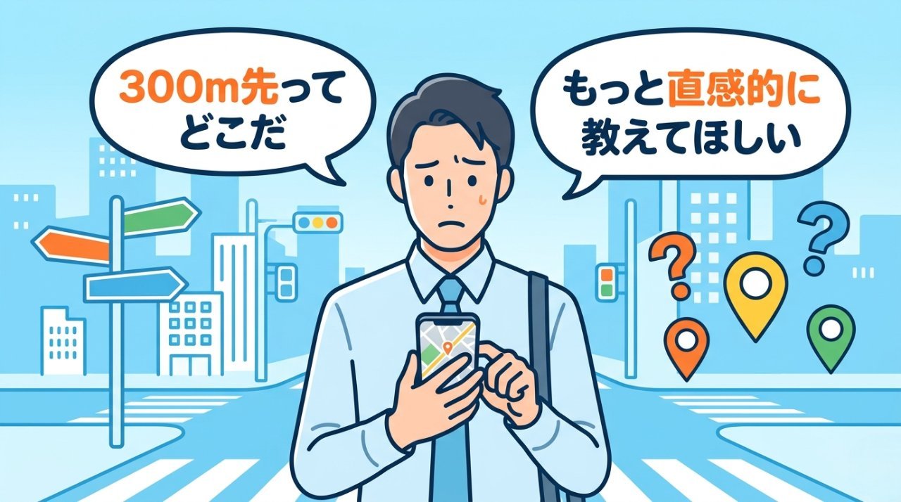 交差点でスマホの地図を見て困惑するビジネスパーソン。300m先ってどこだという従来ナビの課題を表した挿絵