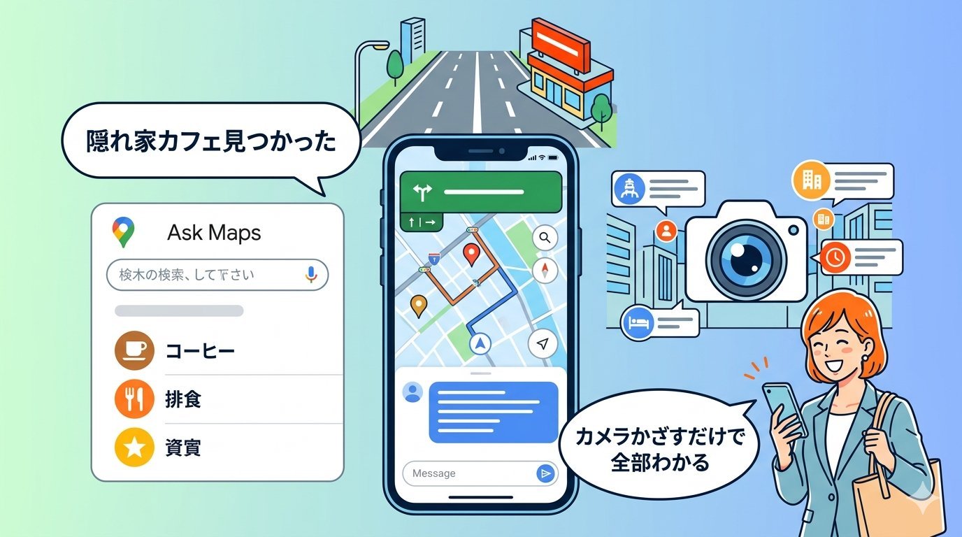 Ask Maps機能とAIカメラレンズでカフェや建物情報を取得する様子を描いた挿絵