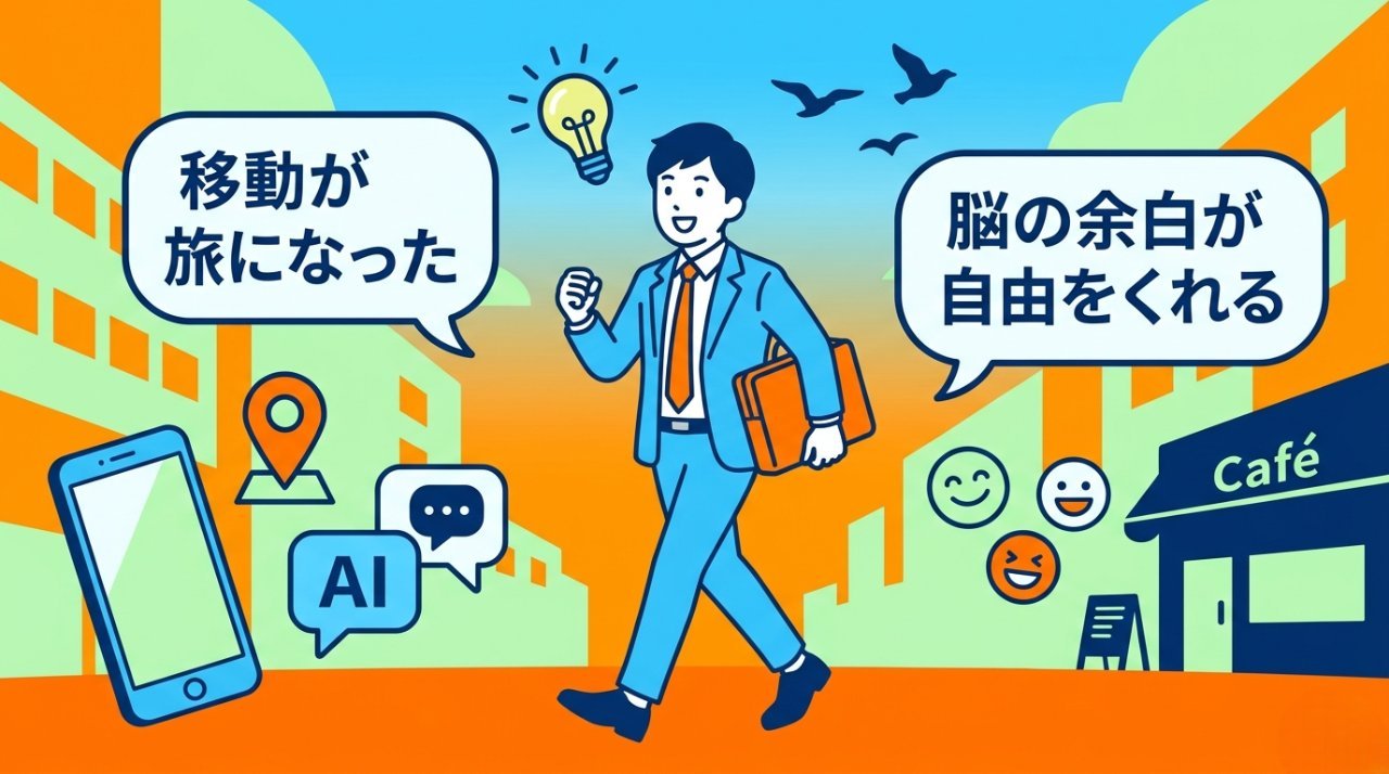 AIナビ活用後に移動が旅になり脳の余白が自由をくれると笑顔で歩くビジネスパーソンの結論イメージ挿絵