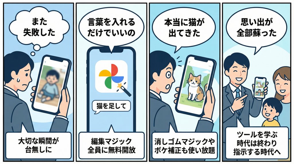 GoogleフォトAI編集の流れを描いた4コマ漫画