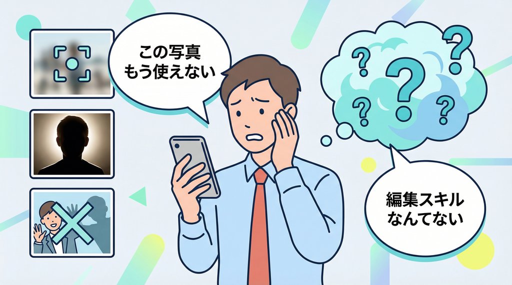 失敗写真に悩むビジネスパーソンのイラスト