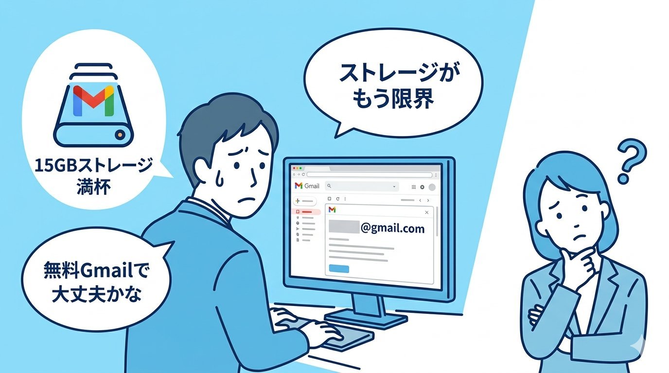 無料Gmailのストレージ限界に悩むビジネスパーソンと取引先の疑問を表したイラスト