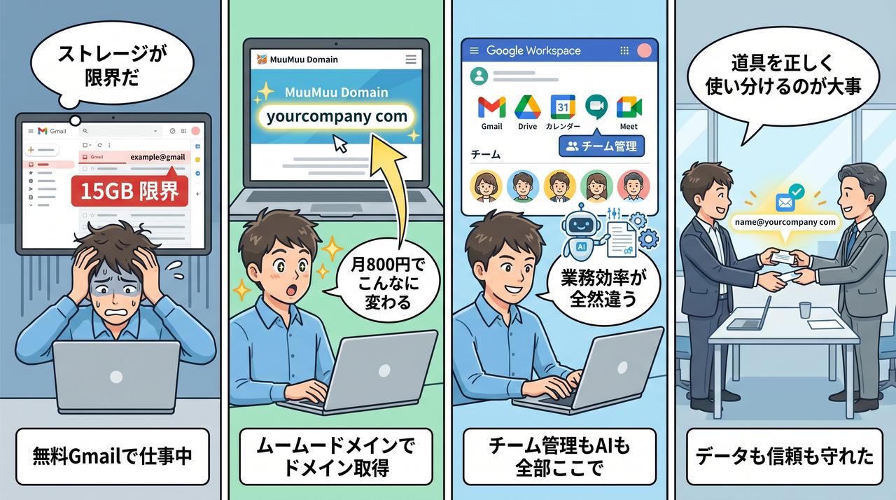 Google Workspaceでムームードメイン取得から業務効率化・信頼獲得までを描いた4コマ漫画