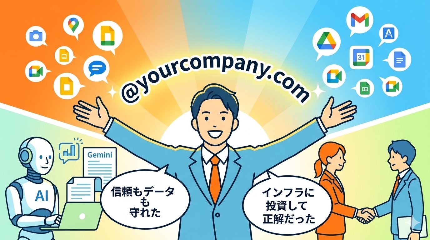 Google Workspace導入後に独自ドメインメールで取引先と握手し信頼とデータを守れた理想の未来を描いたイラスト