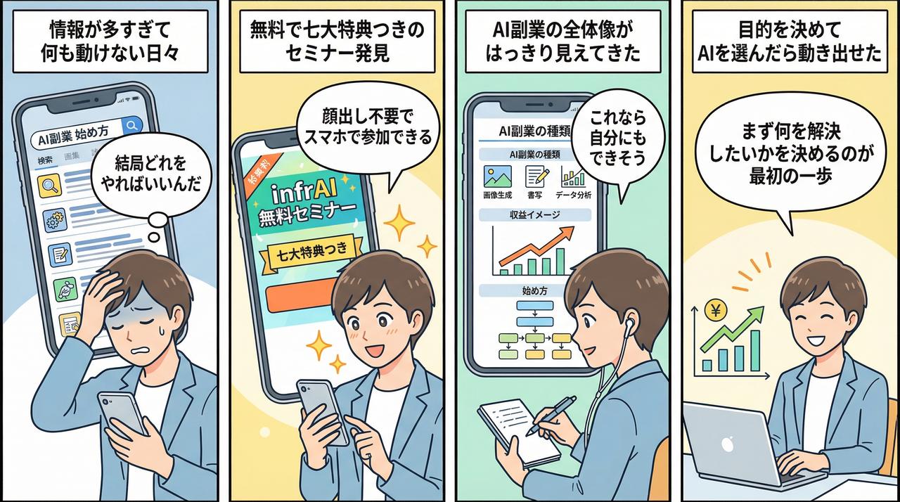 AI副業を始めるまでの4ステップを描いた4コマ漫画