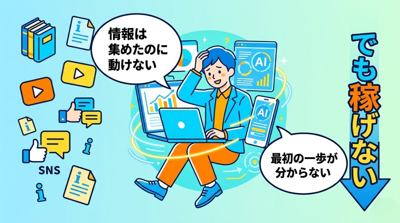 情報は集めたのに動けない・最初の一歩が分からないと悩むビジネスパーソンのイラスト