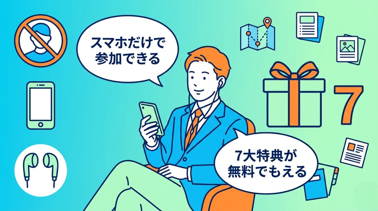 スマホだけで参加できる・7大特典が無料でもらえるinfrAIセミナーの特徴イラスト