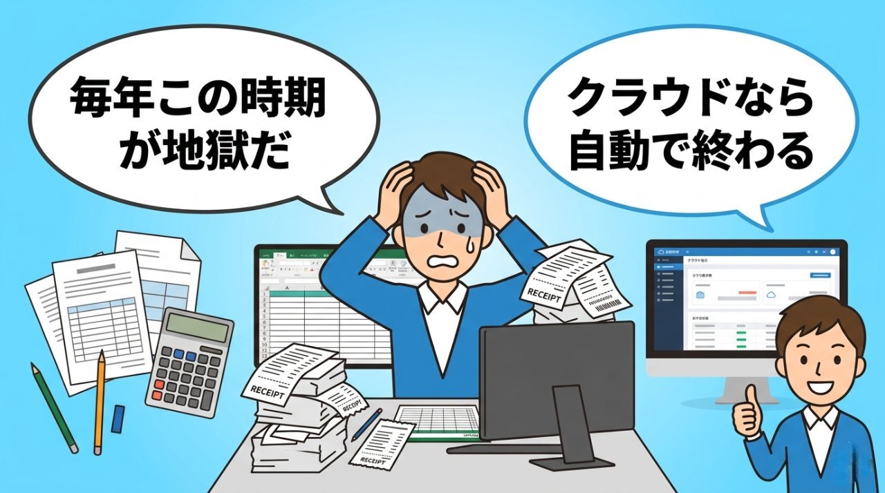Excelと領収書の山に頭を抱えるビジネスパーソンとクラウド会計を示す対比イラスト