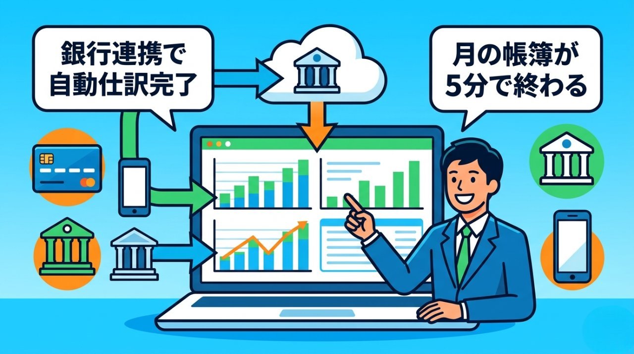 銀行・カード連携からクラウドへ自動でデータが流れ込む自動仕訳のイメージイラスト