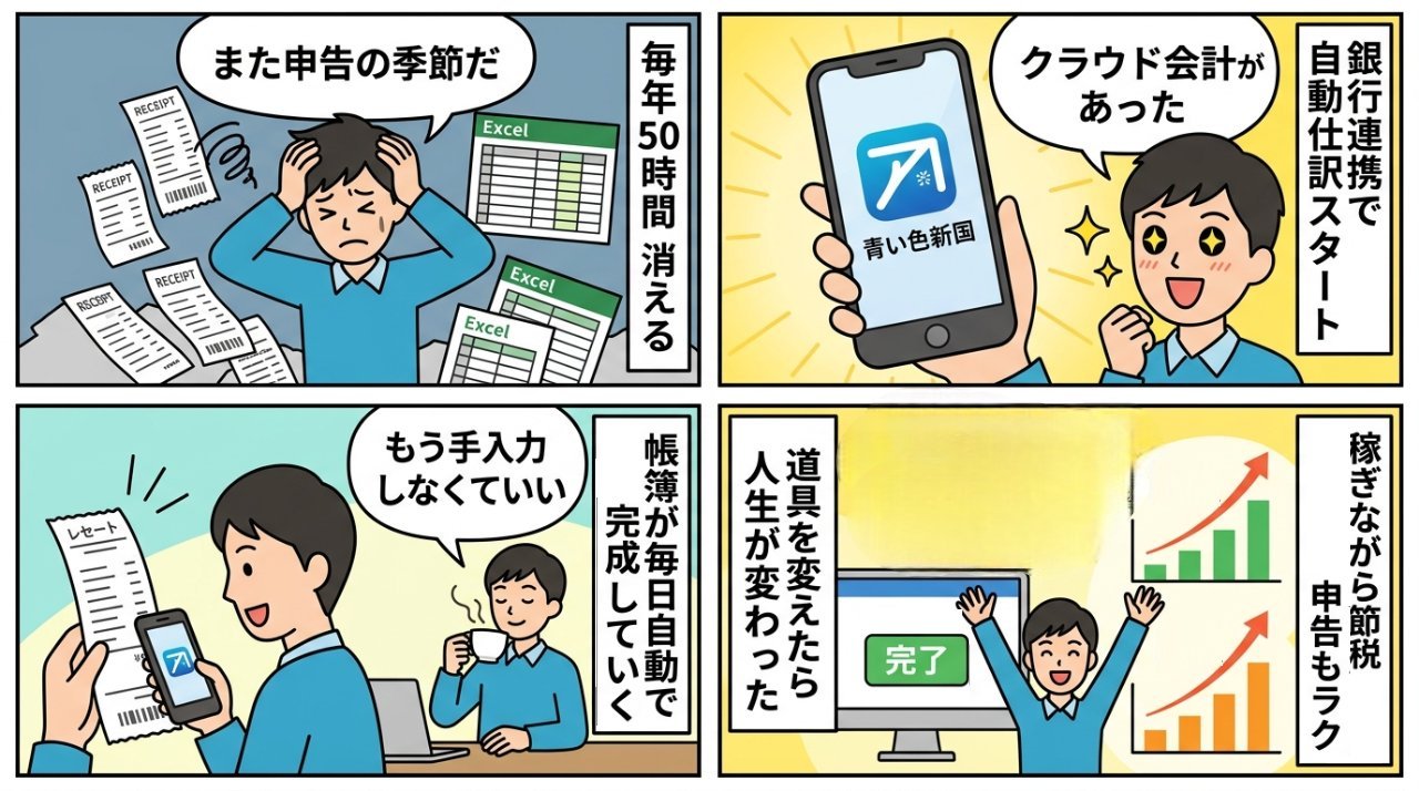 確定申告の苦痛からクラウド会計で解放されるまでを描いた4コマ漫画イラスト