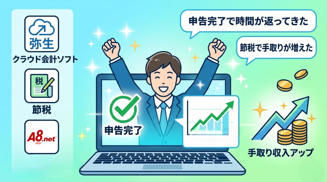 やよい・節税・A8.netの3点セットで申告完了・手取り収入アップを達成したビジネスパーソンのイラスト