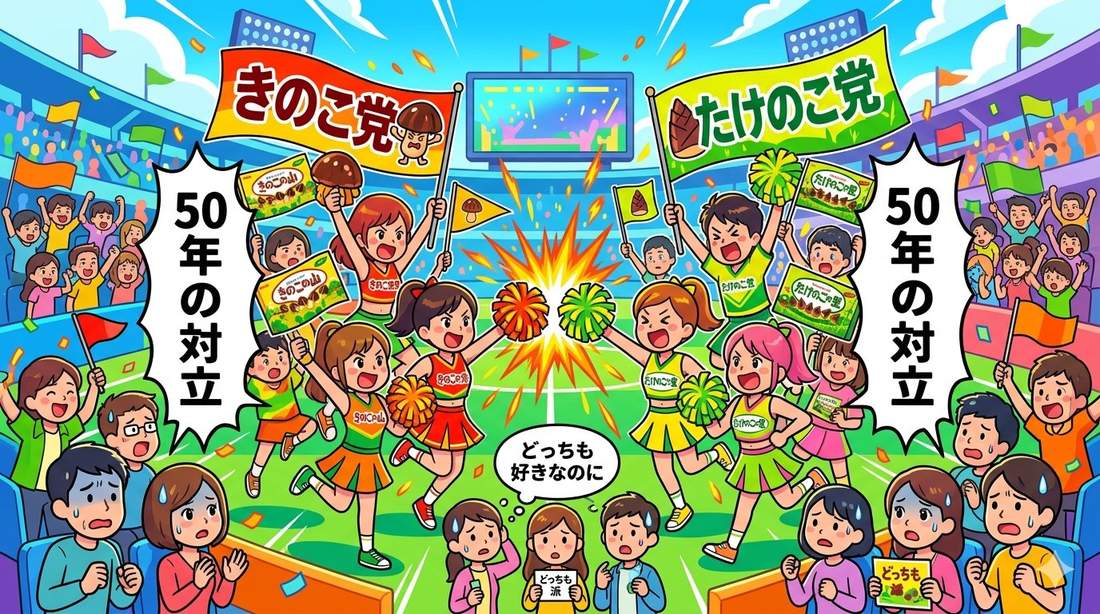 きのこ党とたけのこ党が50年間対立している様子のイラスト