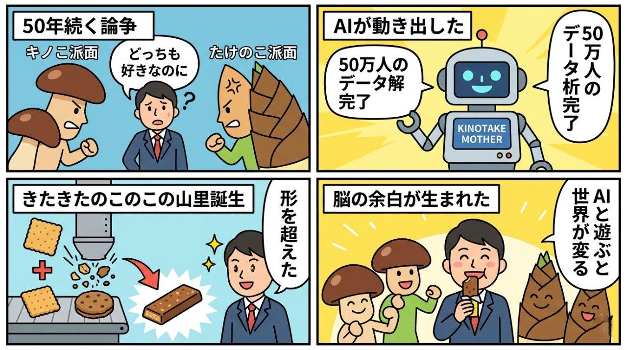きのたけ婚AIが解決した4コマ漫画:50年の論争からきたきたのこのこの山里誕生まで