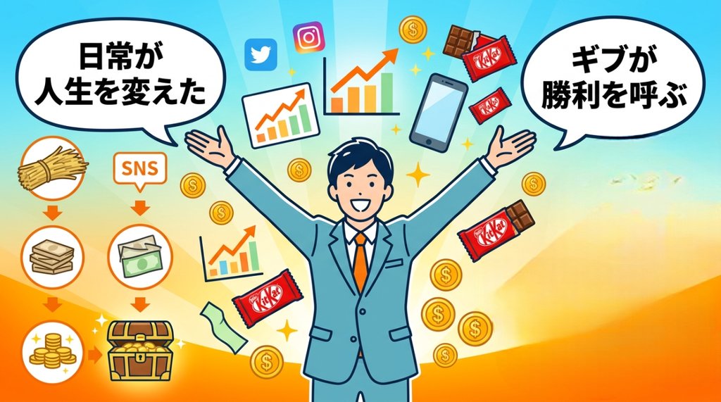 SNS発信と副業で人生を激変させた後の理想の未来イメージ・わらしべ長者の法則イラスト