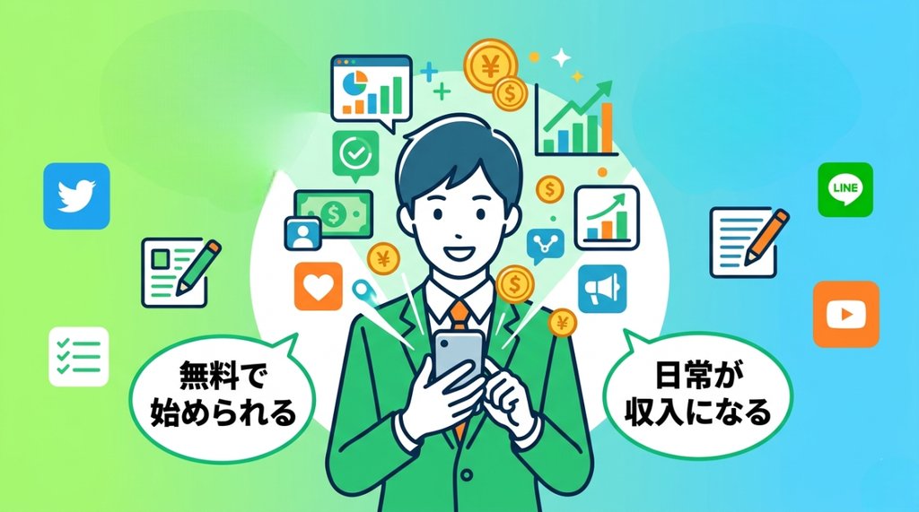 スマートフォンを持ちSNS発信で無料から副業収入を生み出すビジネスパーソンのイラスト