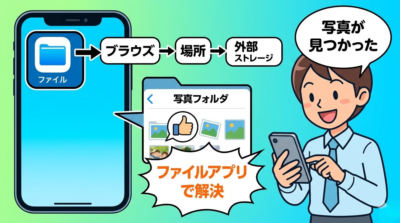 iPhoneのファイルアプリでKodak Charmeraの写真フォルダにアクセスして写真が見つかった様子のイラスト