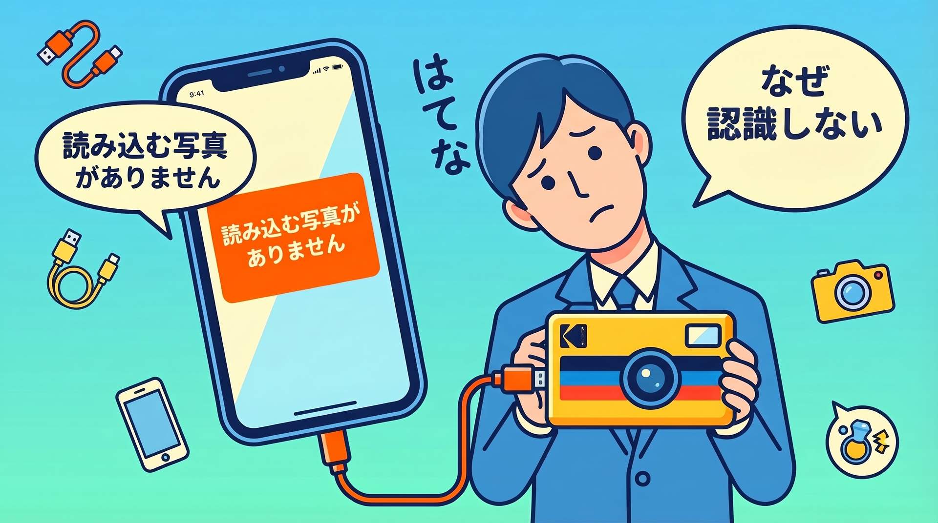 Kodak CharmeraをiPhoneに接続したのに読み込む写真がありませんと表示されて困惑するビジネスパーソンのイラスト
