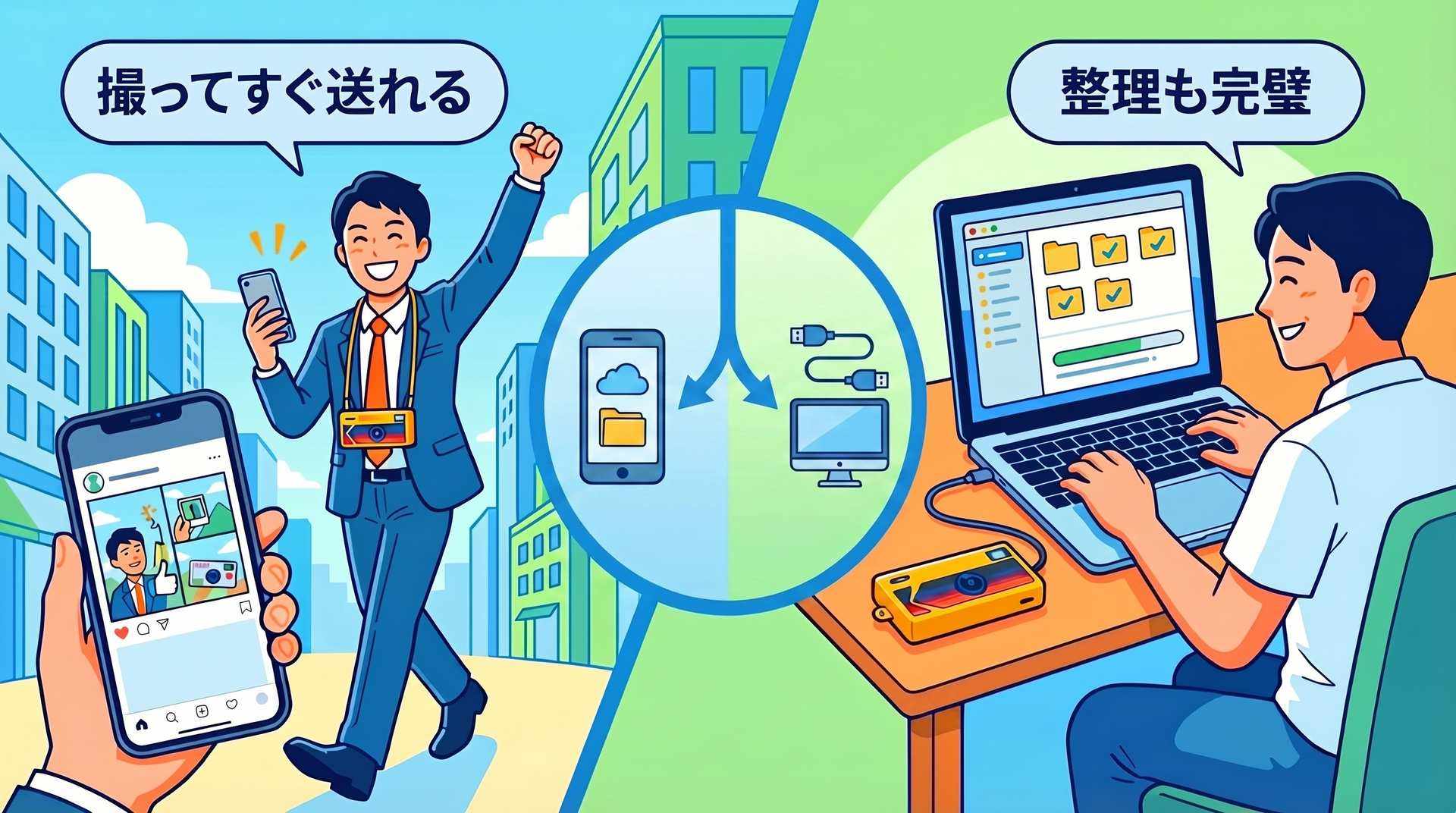 外出先はファイルアプリ経由・自宅はPC直結の使い分けで写真管理が完璧になった理想の未来イメージイラスト