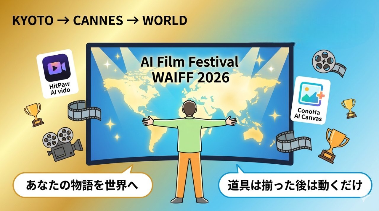 AIで映画制作に挑戦する個人クリエイターの4コマ漫画：20年の夢からカンヌへ