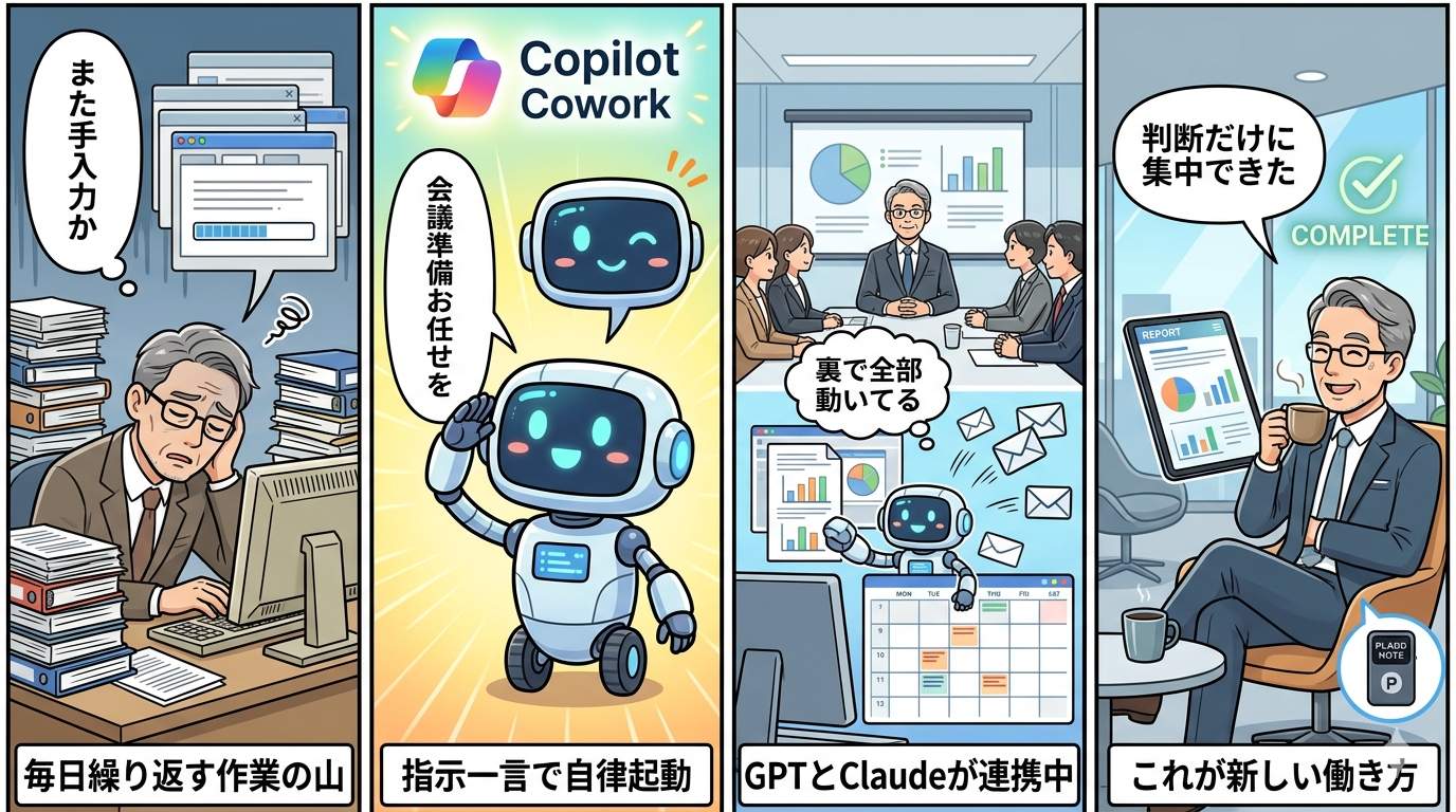 Copilot Coworkで仕事が自動化される様子を描いた4コマ漫画