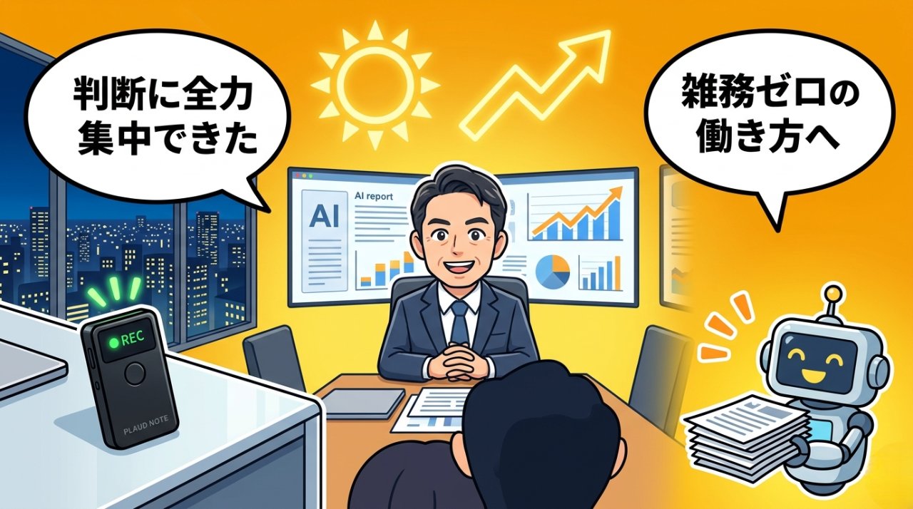 PLAUD NOTEとCopilot Coworkで雑務ゼロの理想の働き方を実現した管理職のイラスト