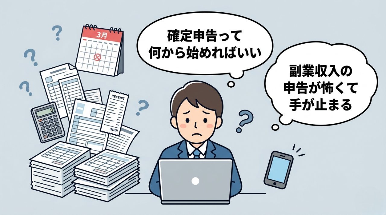 確定申告の書類の山を前に困惑するビジネスパーソンのイラスト