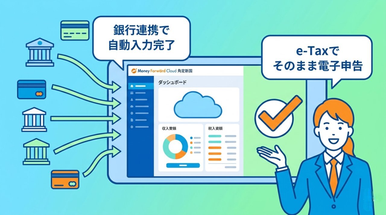 銀行連携とe-Tax電子申告の流れを示すマネーフォワードの機能イラスト