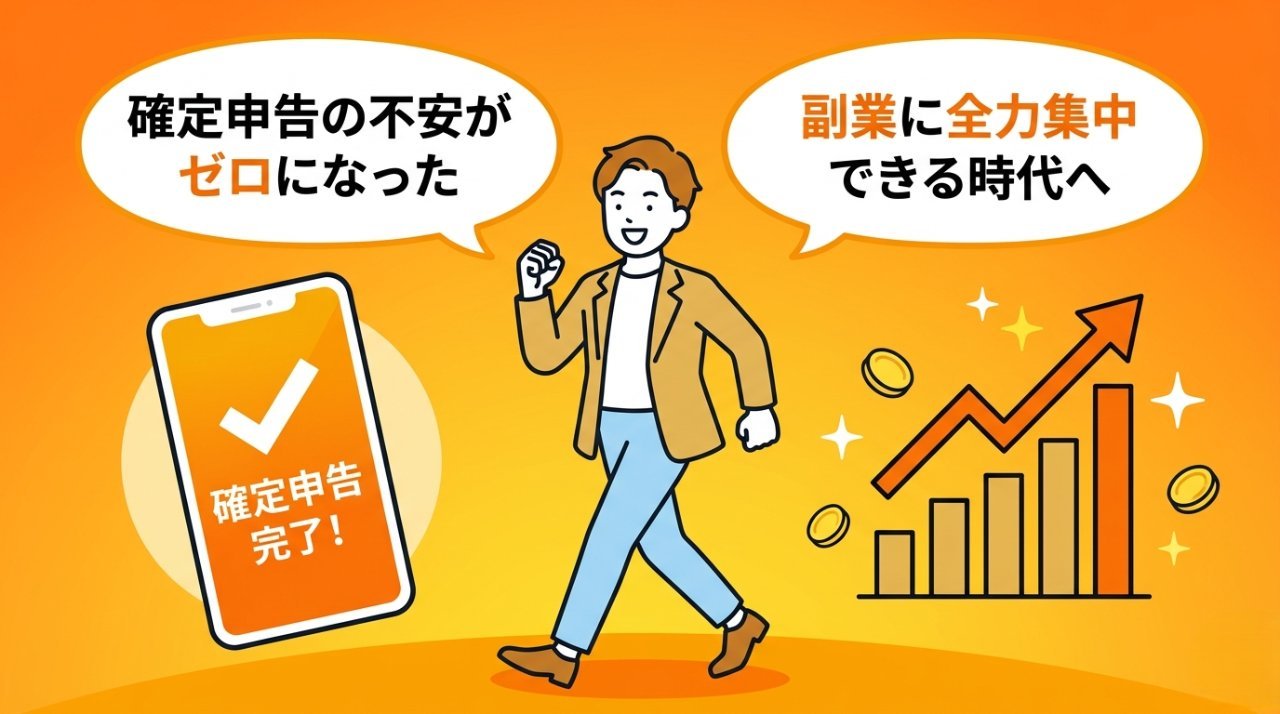 確定申告完了後に副業収益グラフを前に前向きに歩き出すビジネスパーソンのイラスト