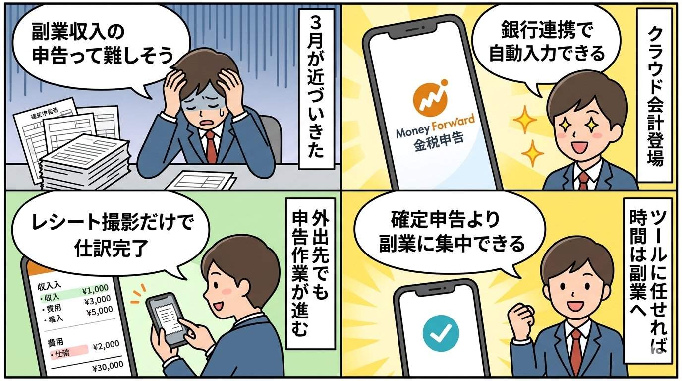 マネーフォワード クラウド確定申告の使い方を描いた4コマ漫画