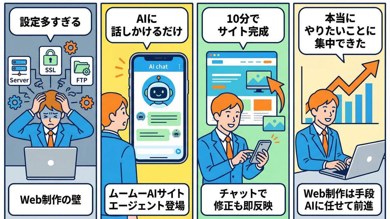 Web制作の課題からAIサイトエージェント活用・理想の未来までを描いた4コマ漫画