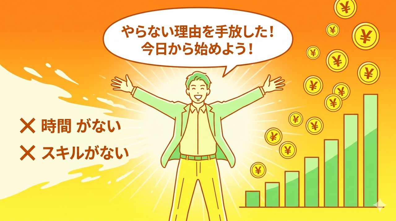 やらない理由を手放して副業で自由を手に入れた未来イメージ