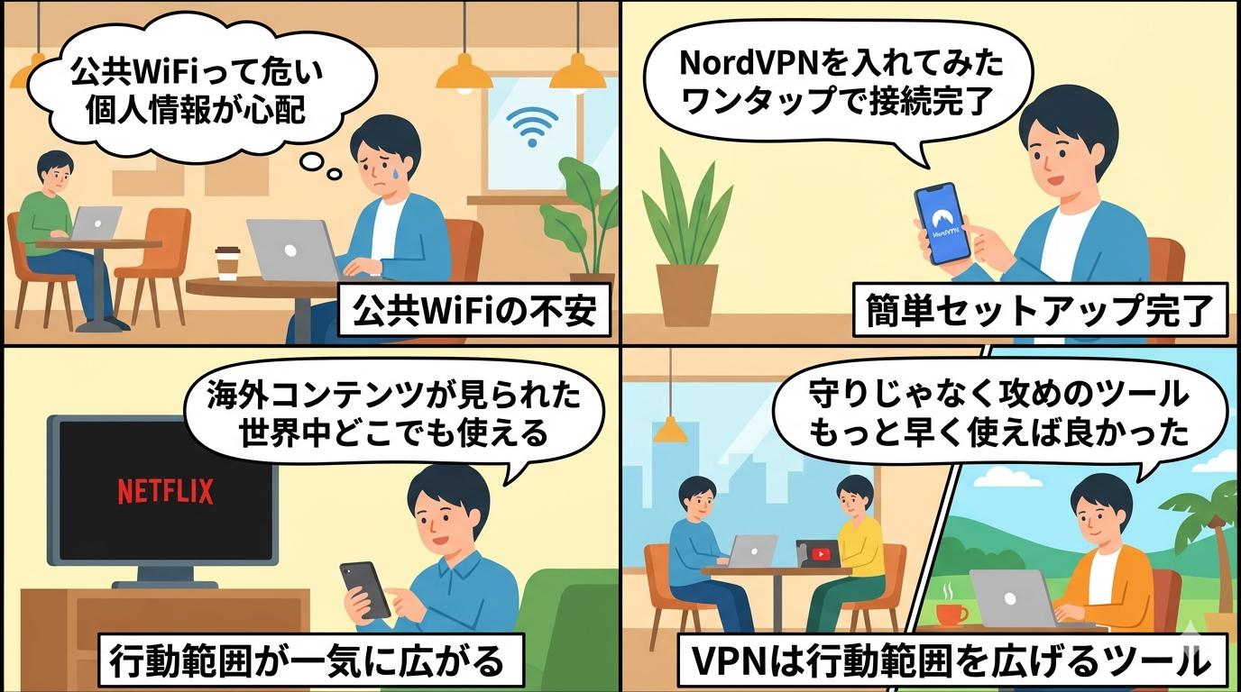 NordVPNの4コマ漫画・公共WiFiの不安からVPN導入で行動範囲が広がるストーリー