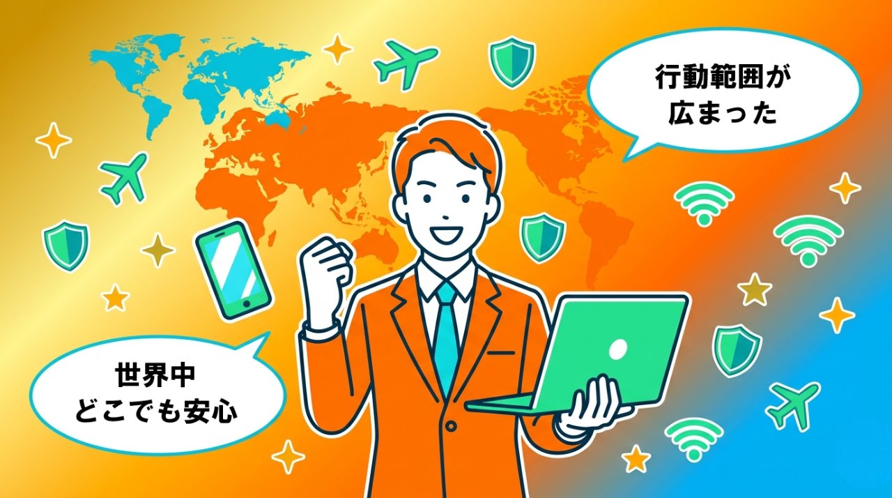 NordVPNで行動範囲が広がり世界中どこでも安心してネットを使える未来イメージ