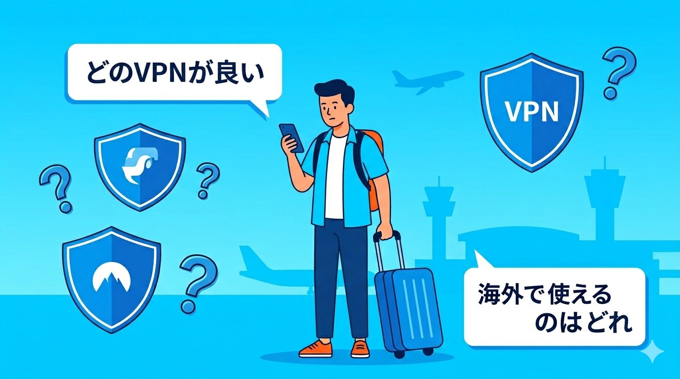 空港でどのVPNにするか迷っている旅行者のイラスト