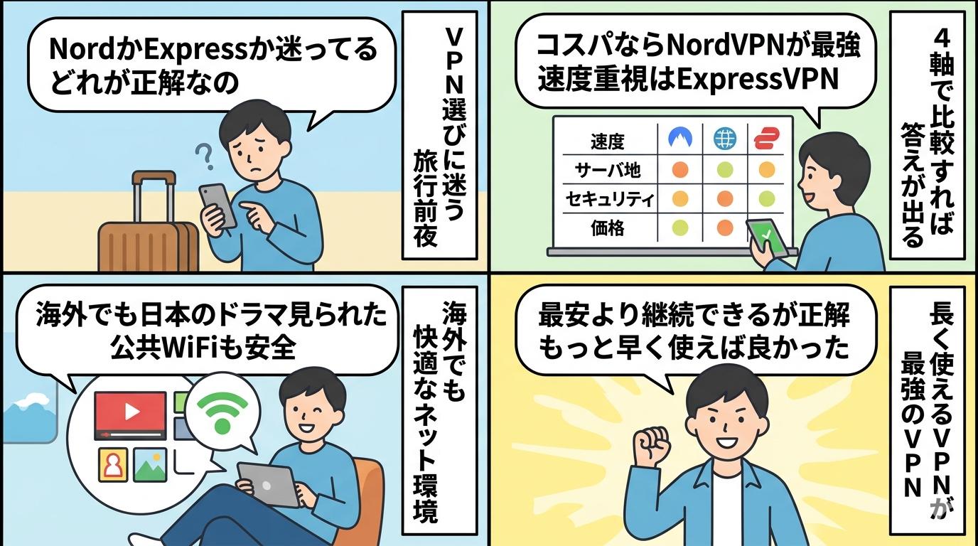 VPN3社比較を4コマ漫画で図解・選び方から継続利用までのストーリー