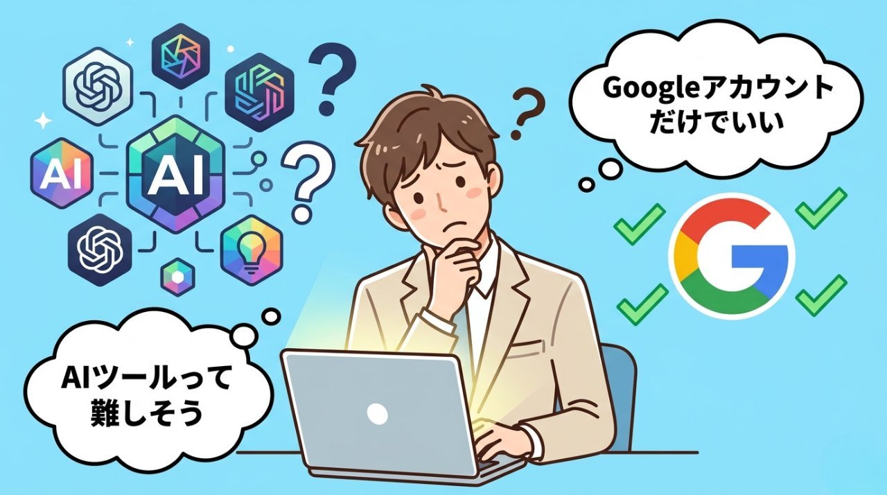 AIツールを難しそうと感じて悩むビジネスパーソンとGoogleアカウントだけでいいという解決策のイラスト