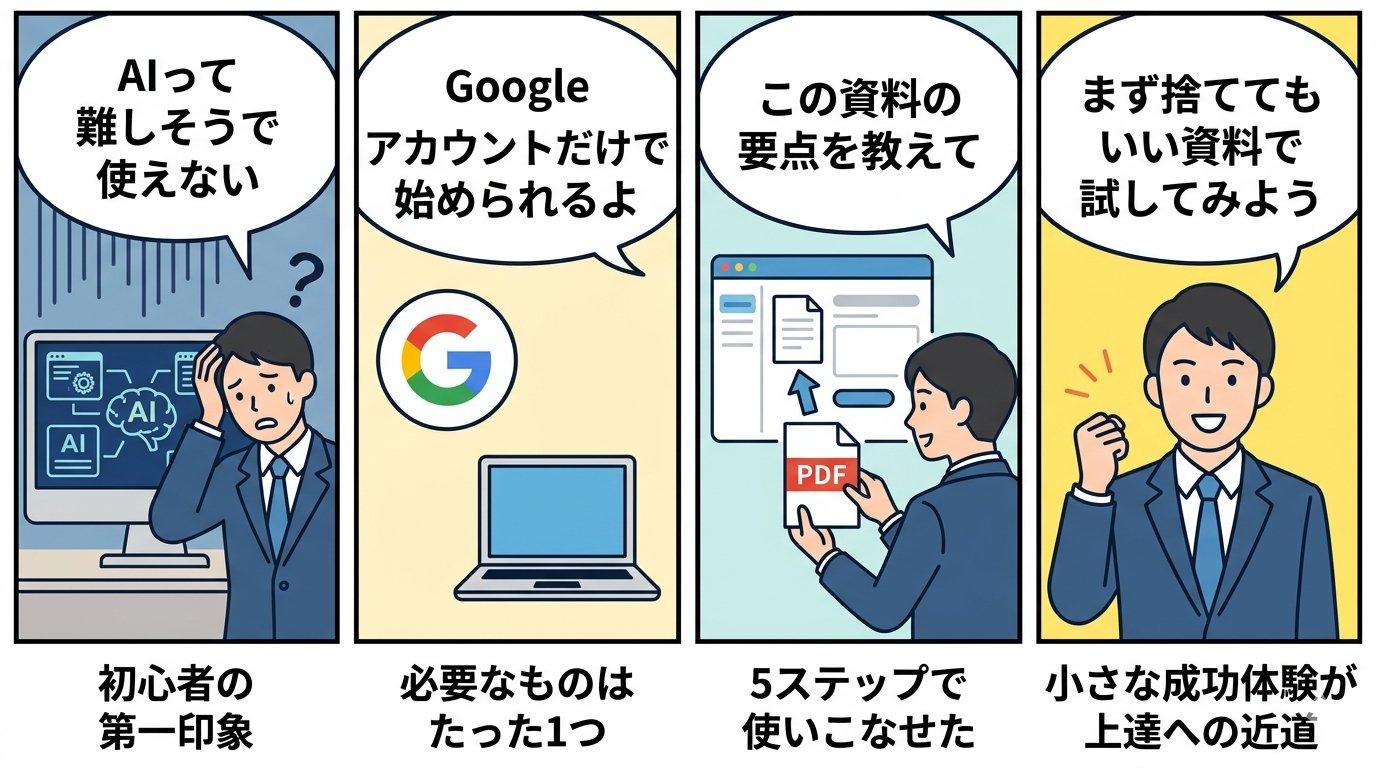 NotebookLM初心者の悩みから解決までを描いた4コマ漫画
